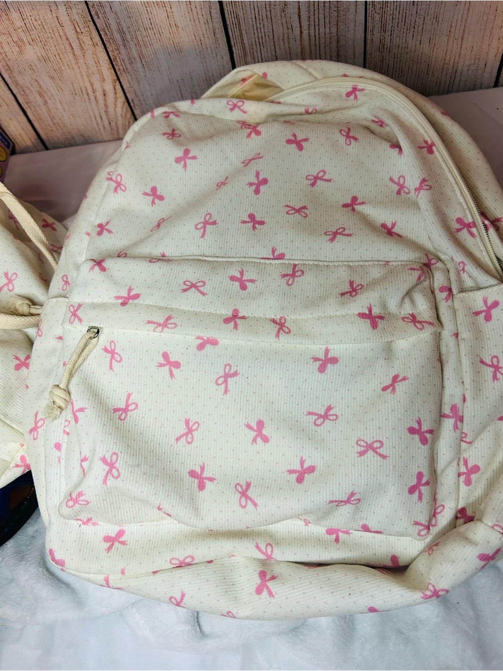 Cream Kids Backpack and lunch bag with Pink Bow Print